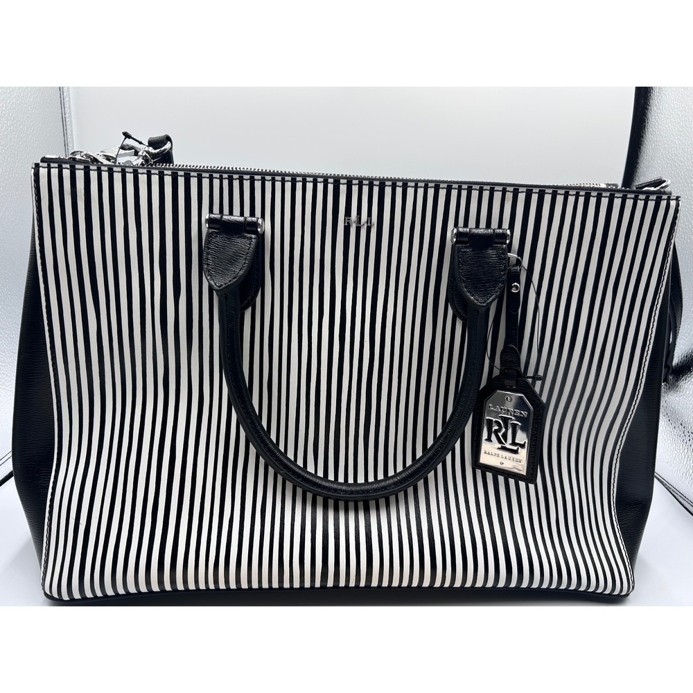 Lauren Ralph Lauren Black White Striped Leather Satchel Tote Bag NEW RLL - Picture 4 of 10